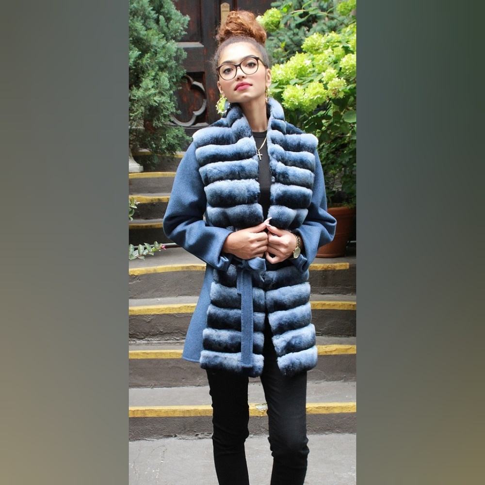 Blue Wool Jacket Rex Rabbit Horizontal Front Belts